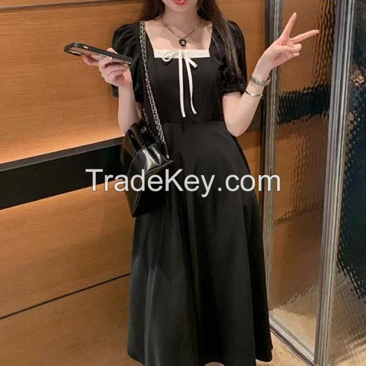 Plus-size French color contrast square neck dress summer dopamine wear a line skirt pear shape fat mm long skirt