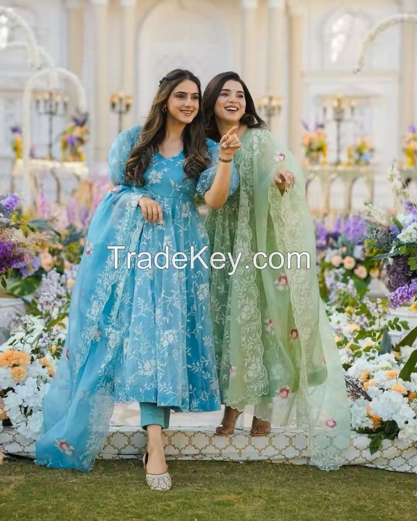 Heavy Organza silk with Embroidery Work and Stone Work with Net Lehena Fancy Salwar Kameez Suit for Indian Pakistani Women