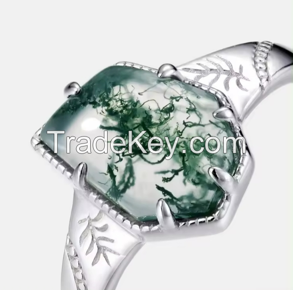 High Quality Nature Gemstone Fine Jewelry Sterling Silver 925 Geometric Shape Green Moss Agate Rings for Girl Man