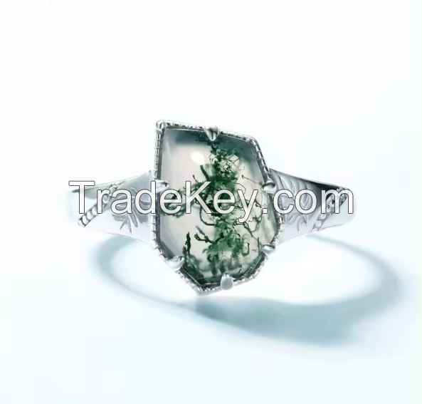 High Quality Nature Gemstone Fine Jewelry Sterling Silver 925 Geometric Shape Green Moss Agate Rings for Girl Man