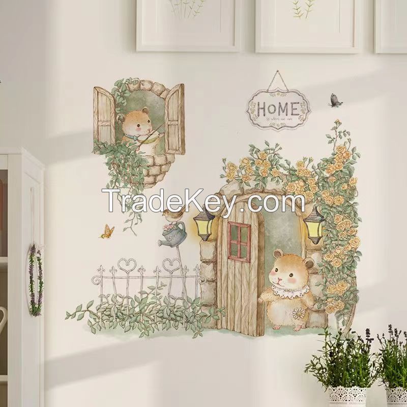 Cartoon cute cat wall stickers flower leaves children's room decoration Wall waterproof self-adhesive kindergarten classroom