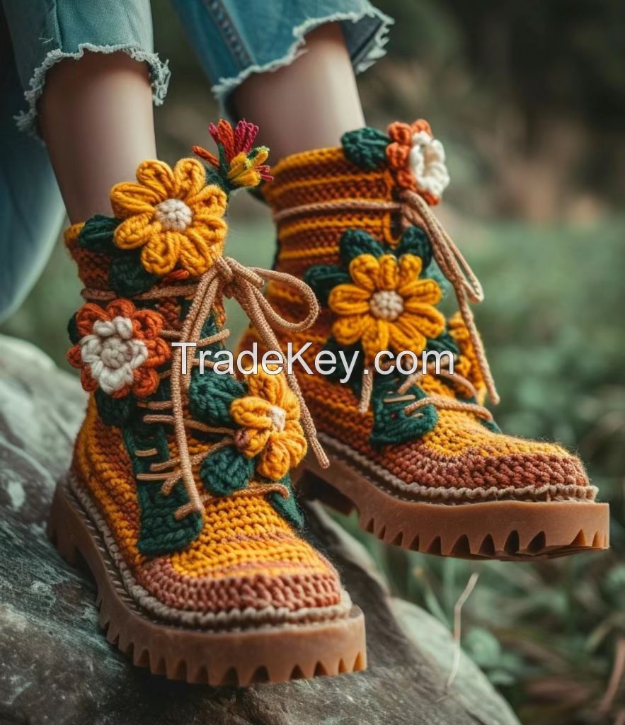 Pure hand-made crocheted shoes women's finished products winter season warm non-slip soft