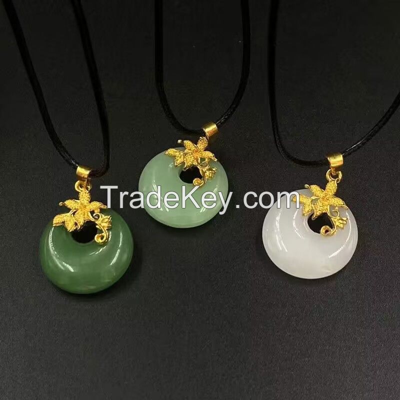 Hotan Jade Gold Plated and Jade Inlaid Women's Flower Branch Jade Jade Peace Buckle Necklace Small Pendant