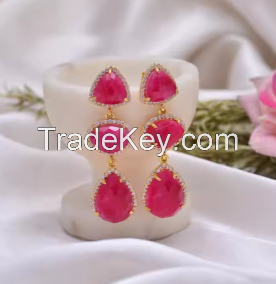 Natural Ruby Gemstone Gold Plated 925 Sterling Silver Handmade Earrings Fine Jewelry Women Long Pear Shape Ruby Earrings
