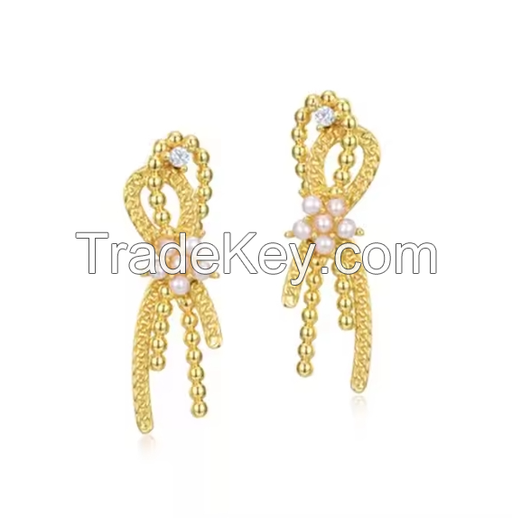 Elegant ladies bow freshwater pearl 5A cz 925 silver gold plated high quality earrings