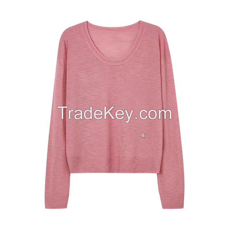 Low round neck micro through thin long sleeve knitted smock women 2024 spring new model Slouchy blouse