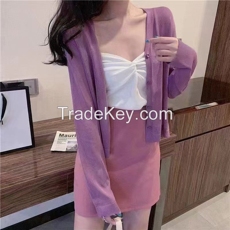 Thin ice silk cover-up sun protection knitted cardigan women's coat with a slip skirt take the micro long air conditioning sweater