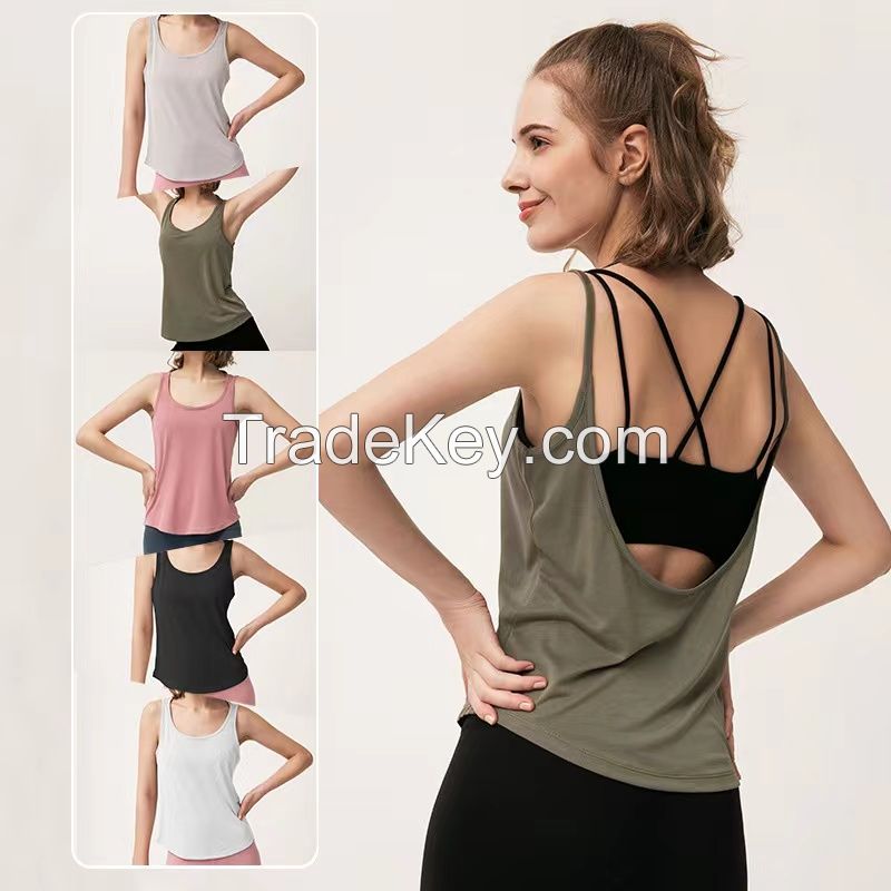 Cross-border Europe and the United States sleeveless sports vest women running yoga wear fitness long Style smock wear summer fitness beautiful back