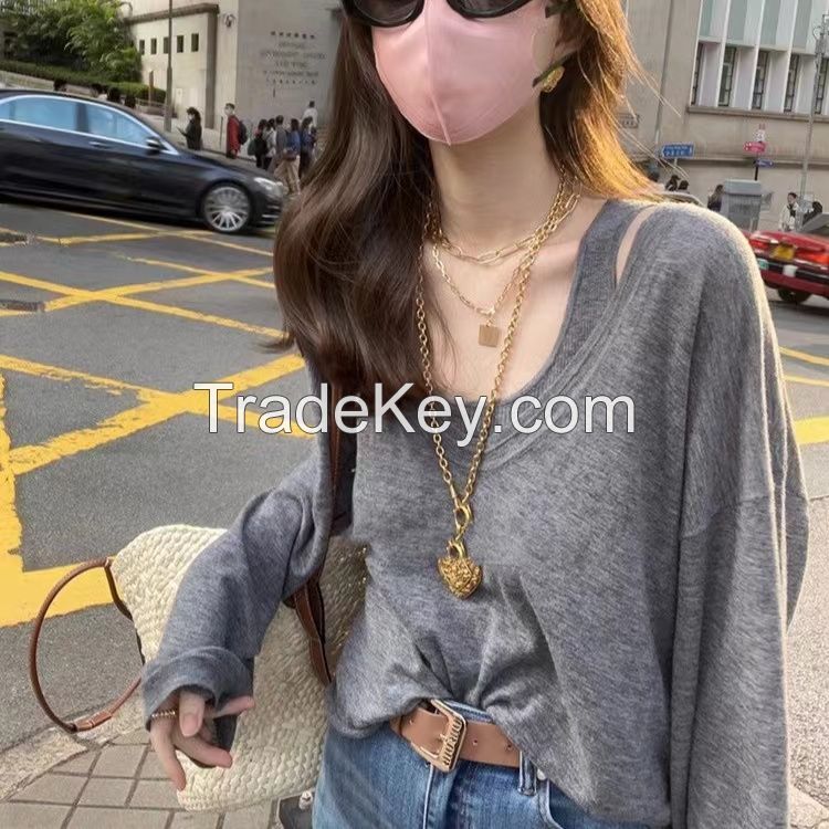 Wool sunscreen long sleeve knitted top vest two-piece women 2024 spring/summer thin loose casual smock T-shirt
