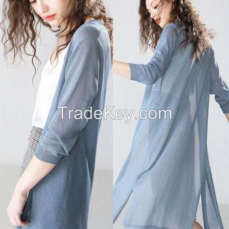 Summer long ice silk sunscreen clothes thin outside with air conditioning sweater knitting Cardigan female summer hollowed sun protection blouse blouse