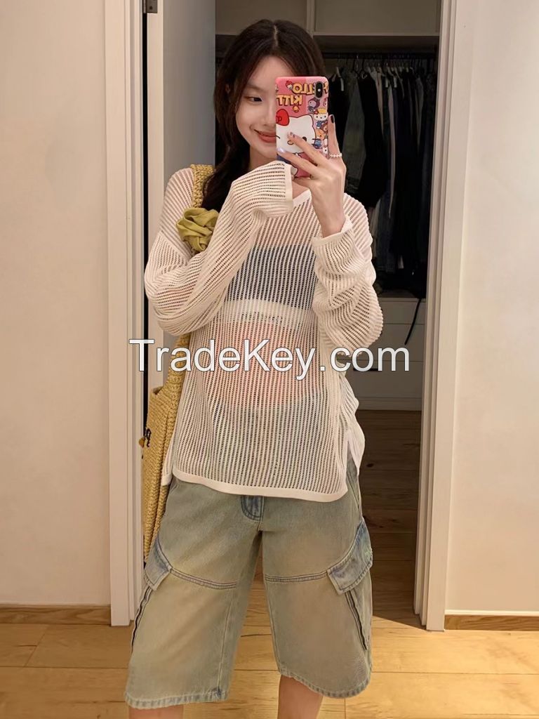 Lazy wind round neck hollow knit women 2024 spring/summer design sense Niche loose products thin outside with long sleeve smock