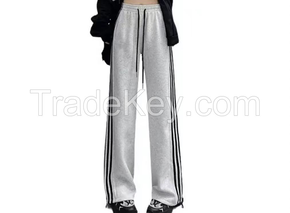Striped sports pants, casual women's pants, spring and autumn new slimming straight leg wide leg pants, loose three bar casual sanitary pants