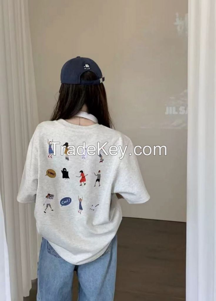 Trendy brand loose short sleeved cartoon figurine embroidered round neck couple T-shirt for spring and summer
