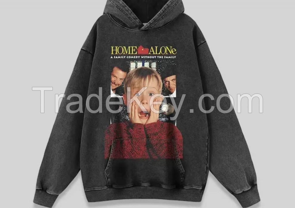 American retro hoodie unisex washed and distressed round neck movie poster printed hoodie trend