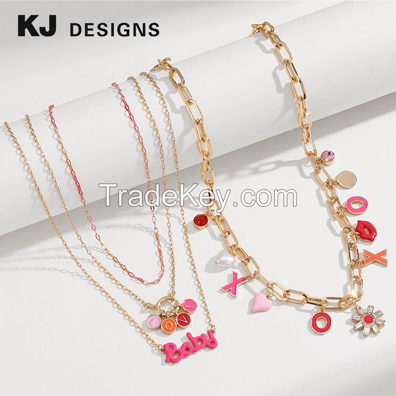 Kenjie pink XOXO necklace Women Europe and the United States spring Valentine's Day fashion design popular wear flower love necklace