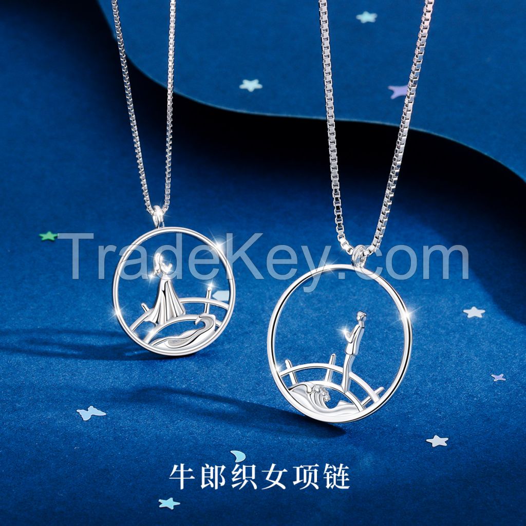 S925 sterling silver Cowhlang and weaving girl Qixi Magpie bridge couple necklace Japan and South Korea fashion temperament platinum plated light luxury couple