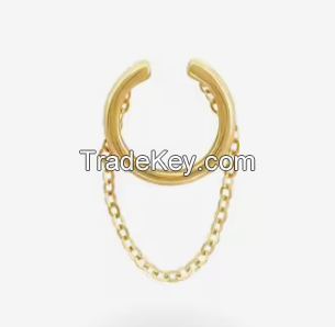 New Arrival 14k Yellow Gold Unisex Dangling Chain Ear Clip Earring with O Chain Trendy Jewelry for Anniversary Gift