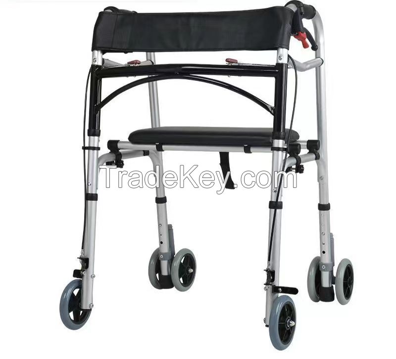 Four wheeled foldable aluminum alloy elderly walking aid foldable walking aid handcart maysun