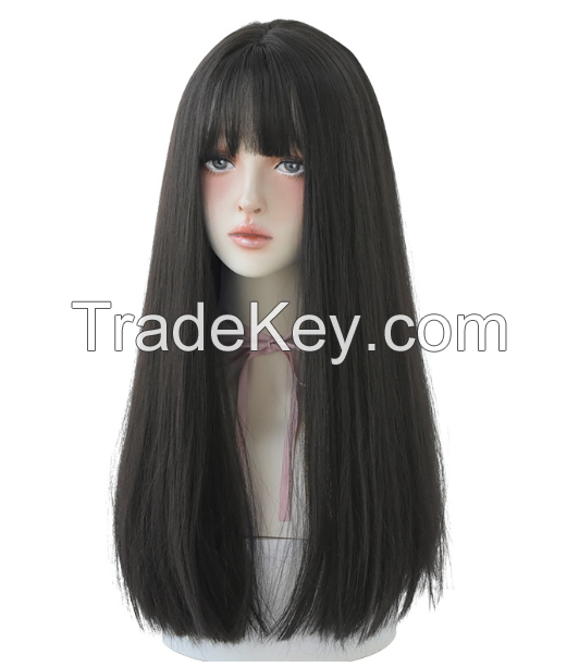  Long straight hair wig with bangs synthetic high density long hair wig