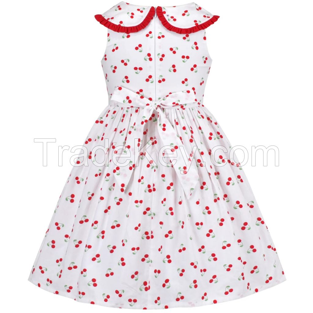 Girls Dress Vintage Velvet Bow Tie Round Collar Cherry Cotton Sleeveless Size 5-10 Years