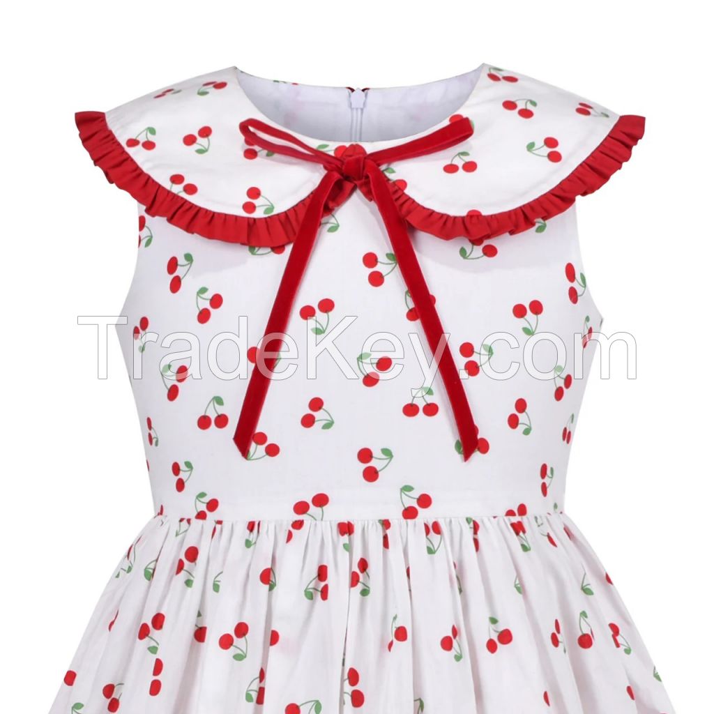 Girls Dress Vintage Velvet Bow Tie Round Collar Cherry Cotton Sleeveless Size 5-10 Years