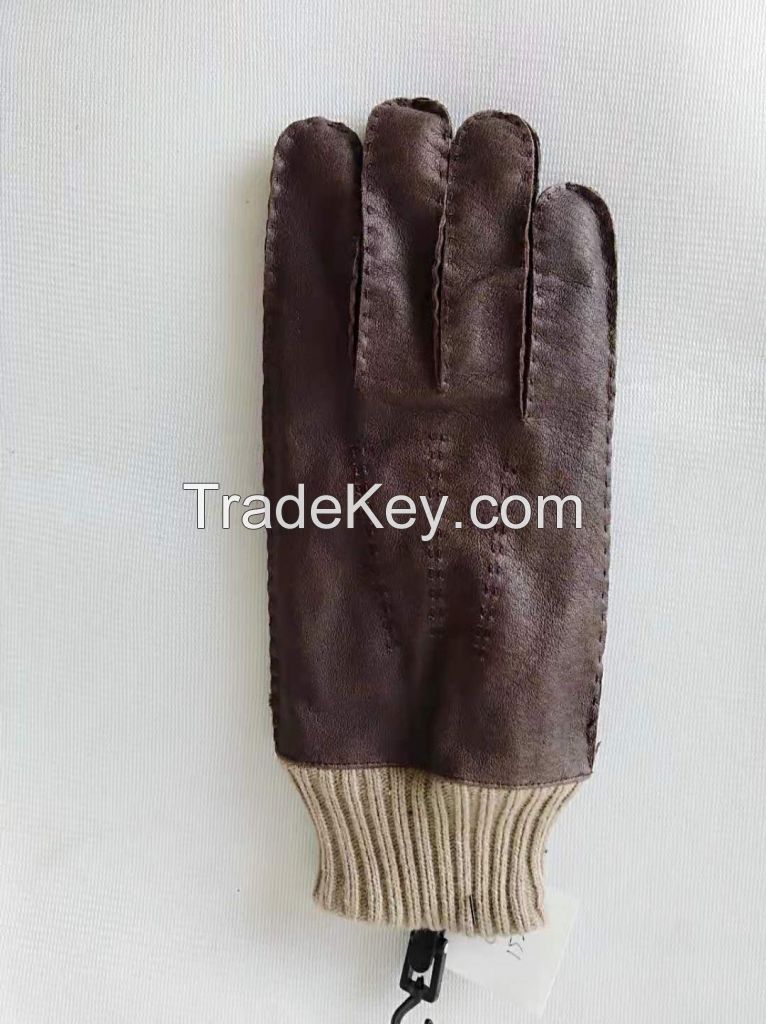 Acrylic knttting cuff sheepskin leather winter mens glove