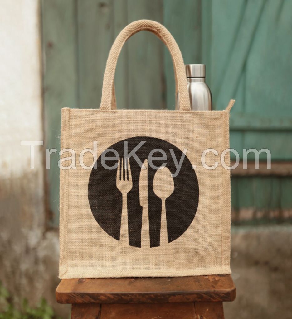 Jute Lunch Bag - Natural Jute Lunch Bag with Bottle Holder & Flat Pocket