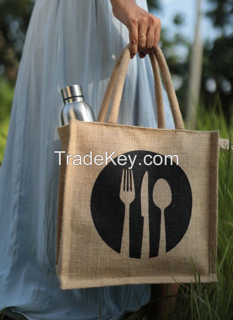 Jute Lunch Bag - Natural Jute Lunch Bag with Bottle Holder & Flat Pocket