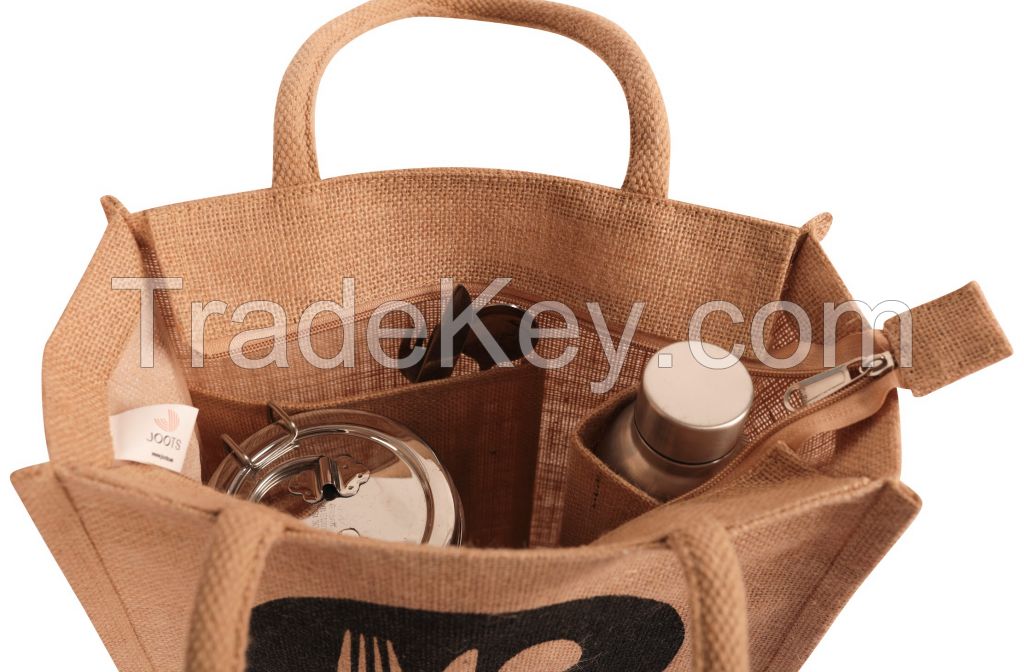 Jute Lunch Bag - Natural Jute Lunch Bag with Bottle Holder & Flat Pocket