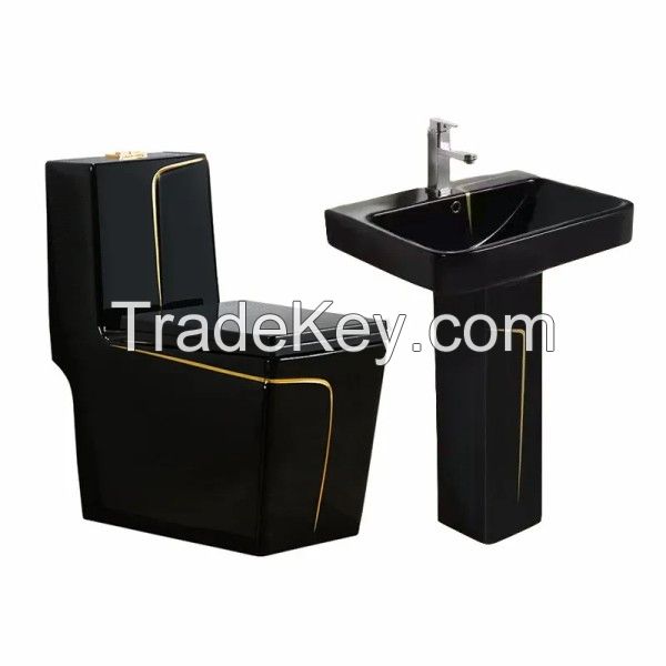 Never fade white gold line ceramic one piece toilet bowl square bathroom water closet ceramic marble commode toilet