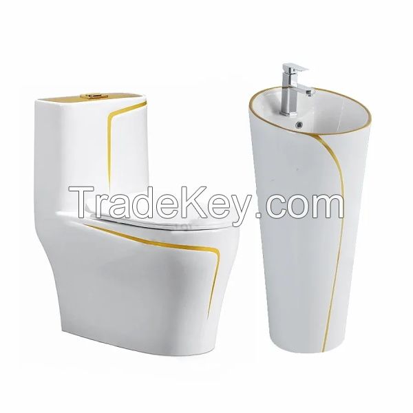 Custom good quality luxury design floor mounted wc white gold line water closet bathroom ceramic one piece toilet bowl