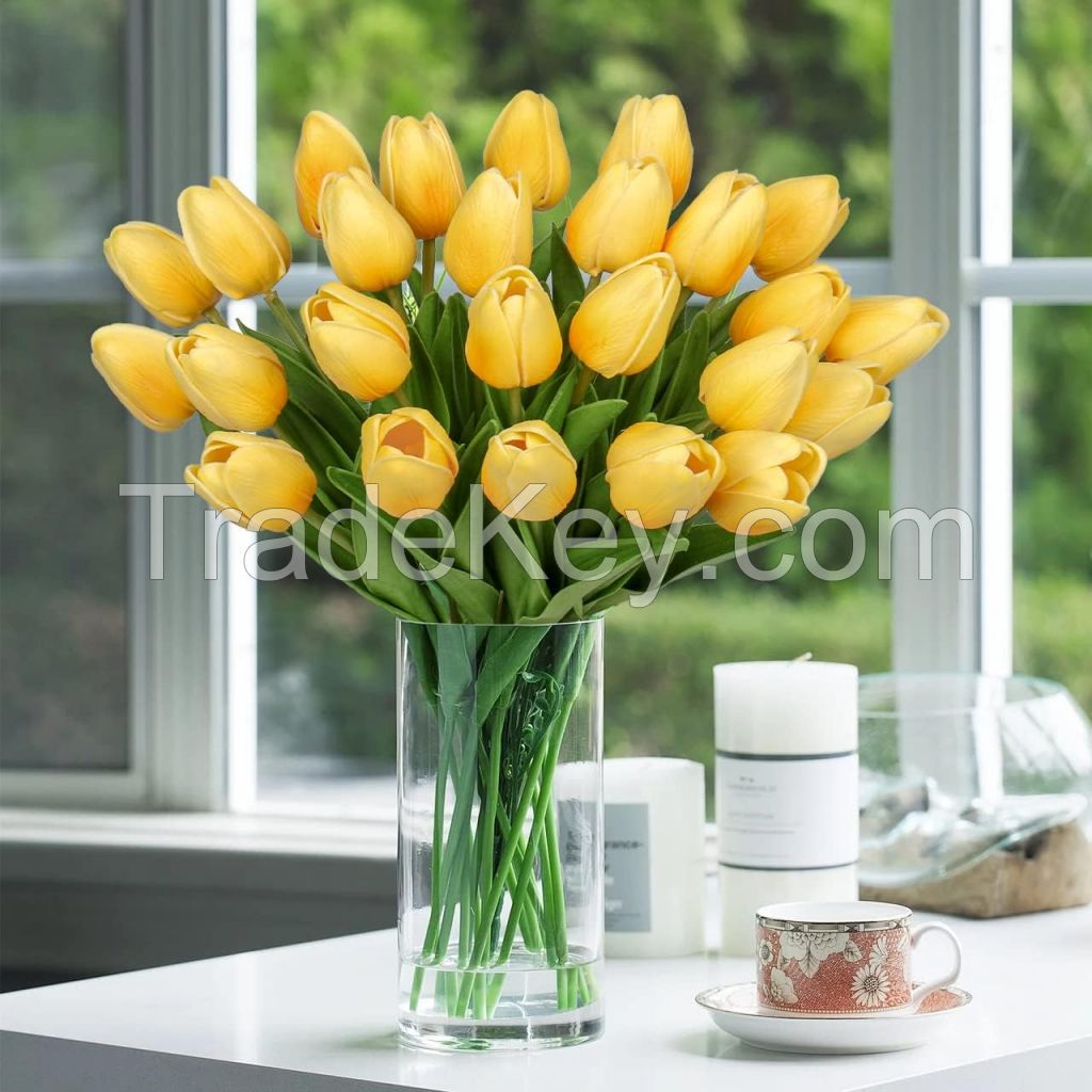 Flowers Artificial Tulip Silk Fake Flowers Tulips Real Touch Red and Yellow Artificial Flowers Fake Tulips Arrangement Bouquet