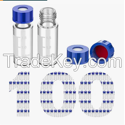 250ul 9mm HPLC Vial, Clear Autosampler Vial, 1.8ml BorosiliGlass Sample Vial with Graduation, 9-425 Type Screw Threaded Vial, Blue Screw Cap with Hole, White PTFE&amp;amp;Red Silicone Septa, 100 of Pack