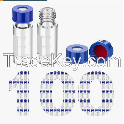 2ml 9mm HPLC Vial, Clear Autosampler Vial, 1.8ml BorosiliGlass Sample Vial with Graduation, 9-425 Type Screw Threaded Vial, Blue Screw Cap with Hole, White PTFE&amp;Red Silicone Septa, 100 of Pack