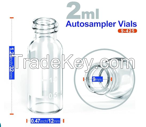 2ml 9mm HPLC Vial, Clear Autosampler Vial, 1.8ml BorosiliGlass Sample Vial with Graduation, 9-425 Type Screw Threaded Vial, Blue Screw Cap with Hole, White PTFE&amp;amp;amp;Red Silicone Septa, 100 of Pack