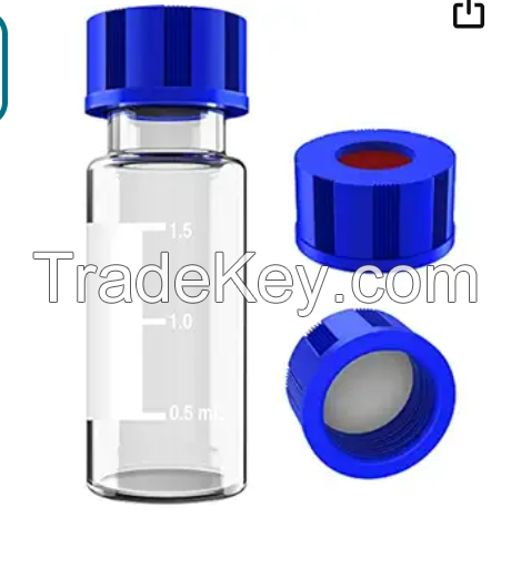 2ml 9mm HPLC Vial, Clear Autosampler Vial, 1.8ml BorosiliGlass Sample Vial with Graduation, 9-425 Type Screw Threaded Vial, Blue Screw Cap with Hole, White PTFE&Red Silicone Septa, 100 of Pack