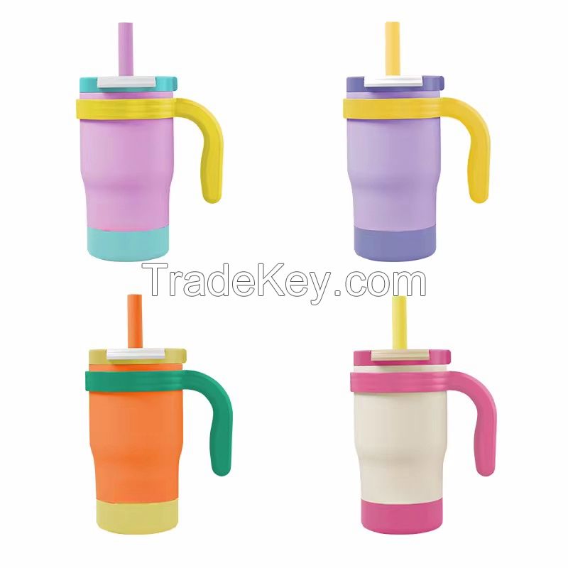 14 oz Stainless Steel Kids travel mug tumbler with Silicone straw and Handle water bottle for Kids