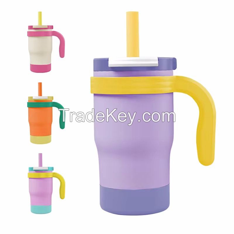 14 oz Stainless Steel Kids travel mug tumbler with Silicone straw and Handle water bottle for Kids