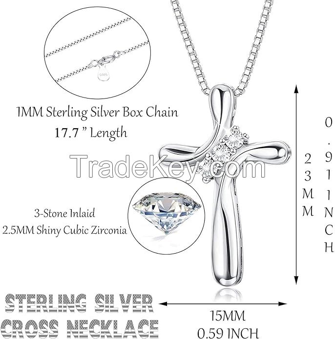 JEWELRY 925 Sterling Silver Cross Necklace for Women 3-Stone Cubic Zirconia Silver Cross Pendant Necklaces