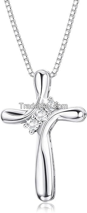 JEWELRY 925 Sterling Silver Cross Necklace for Women 3-Stone Cubic Zirconia Silver Cross Pendant Necklaces