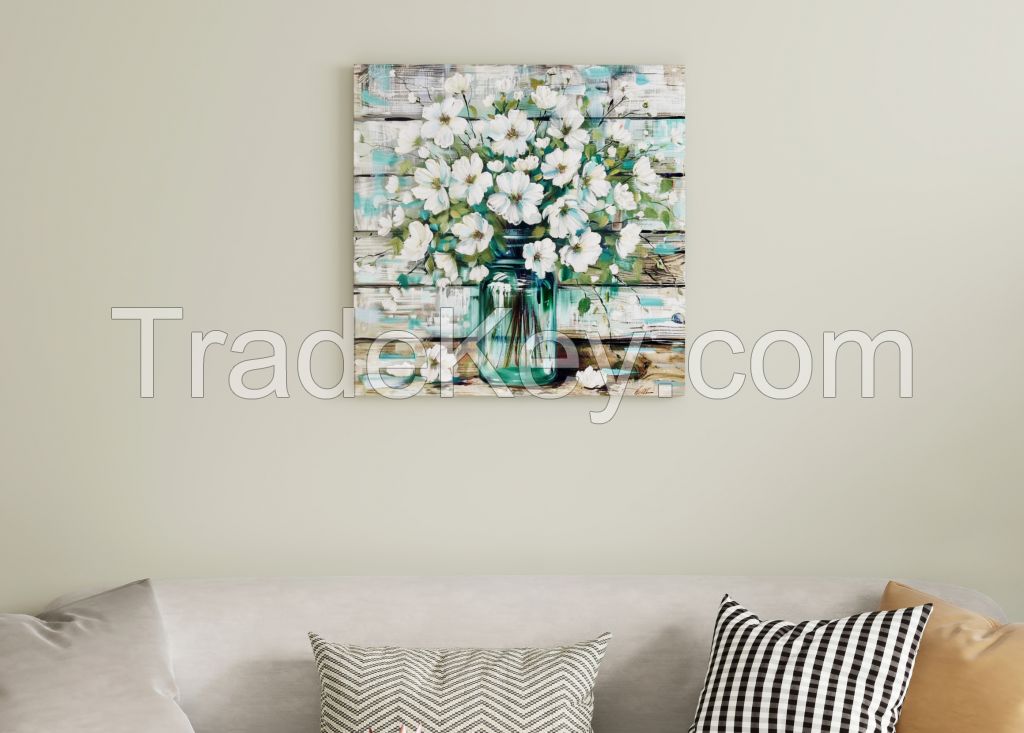 Rustic Style Canvas Wall Art Teal Blue Mason Jar White Flower Country Canvas Painting Home Decor Bathroom Living Room Dining Room Office Kitchen Ready to Hang 