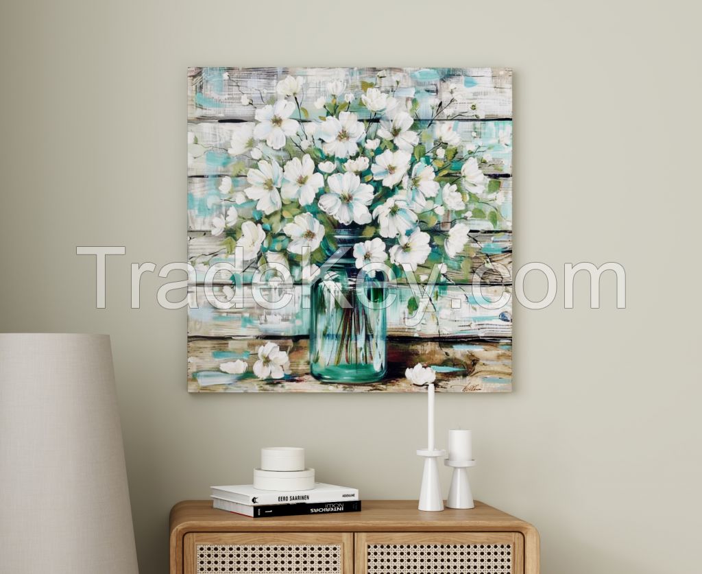 Rustic Style Canvas Wall Art Teal Blue Mason Jar White Flower Country Canvas Painting Home Decor Bathroom Living Room Dining Room Office Kitchen Ready to Hang 