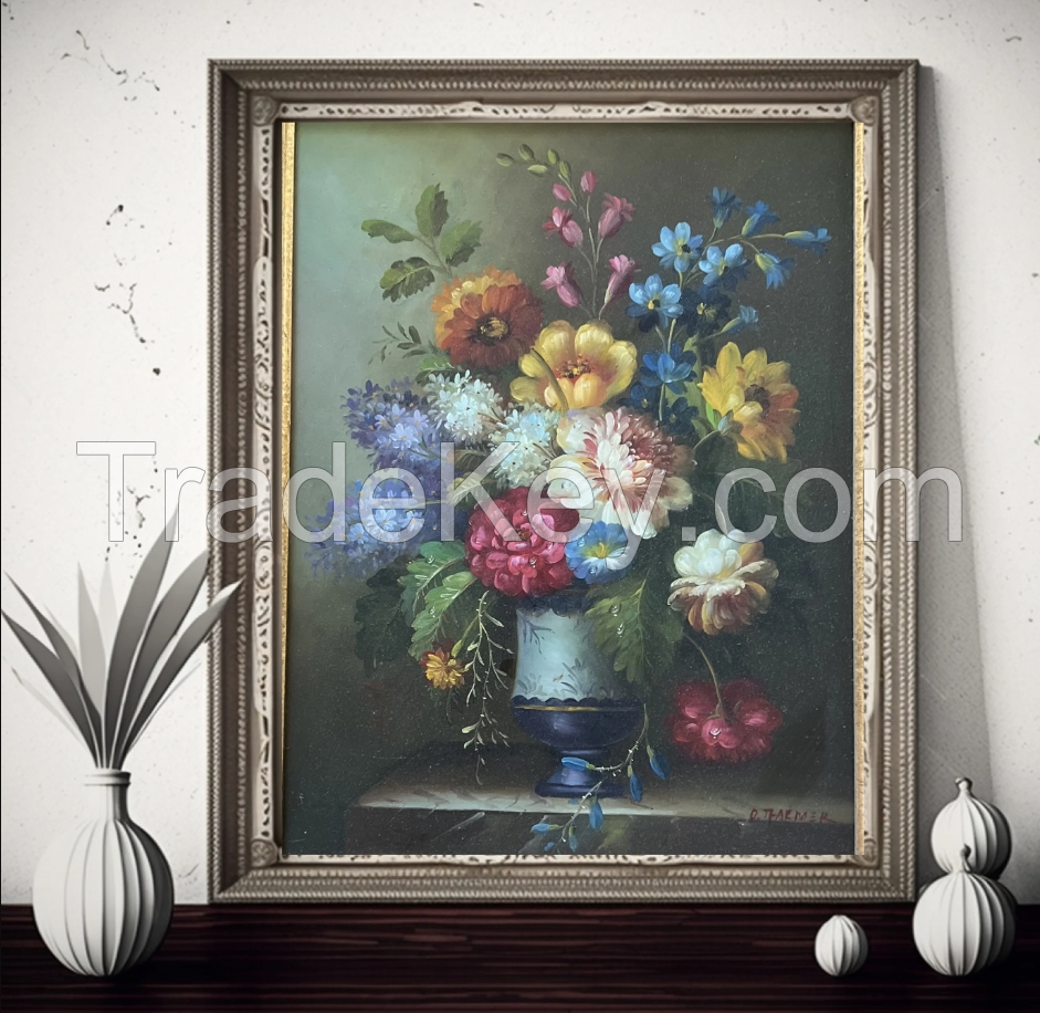 Vintage Floral Hand Painting in Golden Frame Oil on Wood French Art