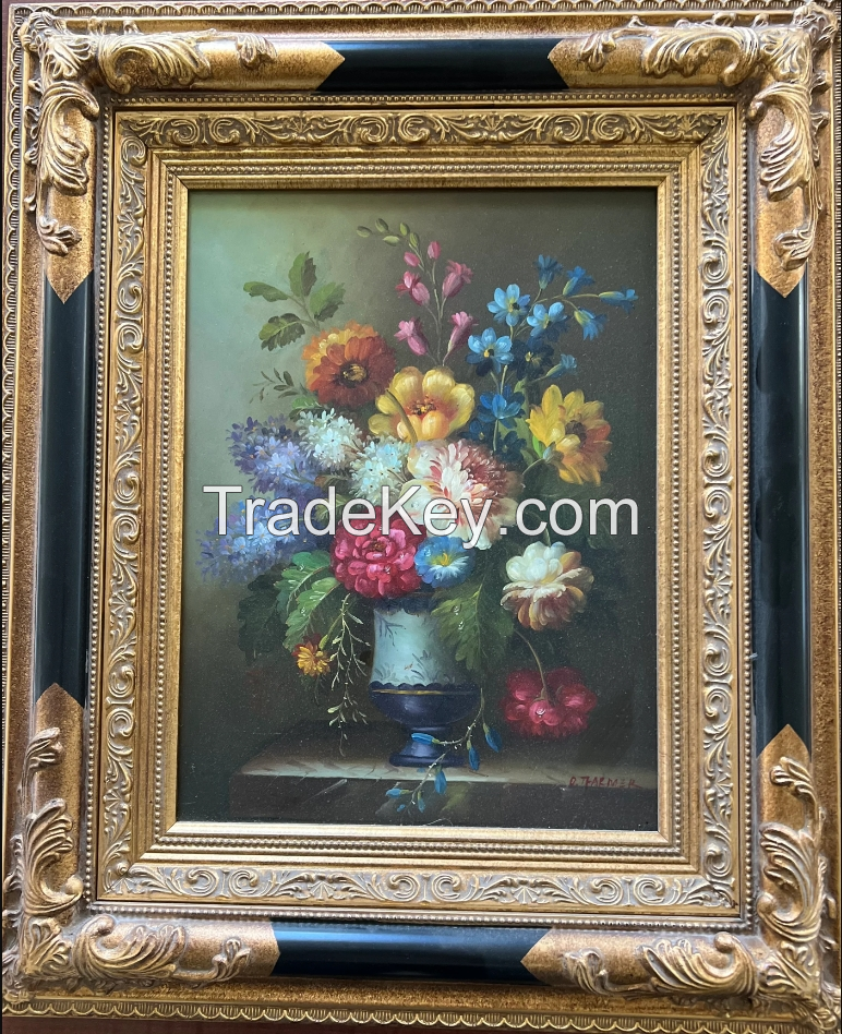 Vintage Floral Hand Painting in Golden Frame Oil on Wood French Art