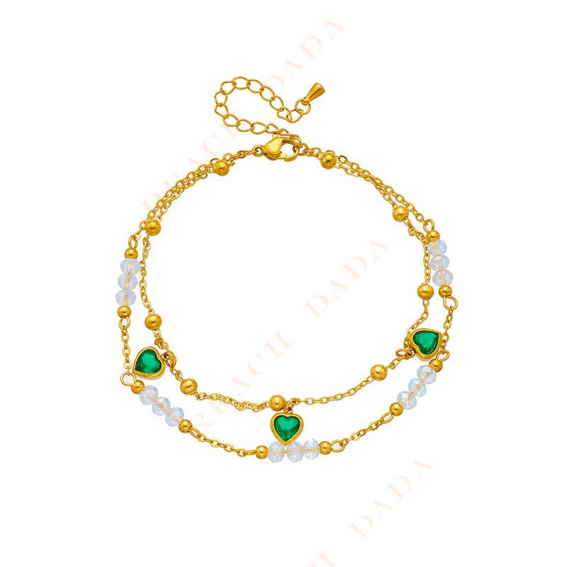 DaDa Fashion creativity personality vintage high-end double-layered beaded green love pendant accessories titanium steel anklet