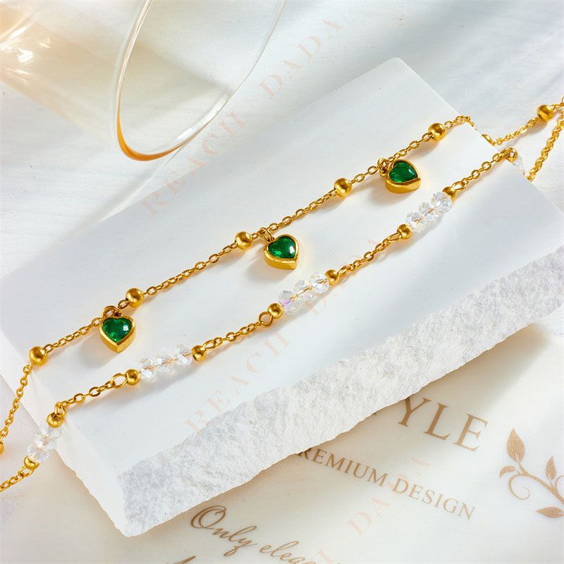 DaDa Fashion creativity personality vintage high-end double-layered beaded green love pendant accessories titanium steel anklet