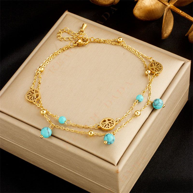 DaDa Fashion niche creative individual minimalist vintage turquoise pendant, tree of life connected double anklet