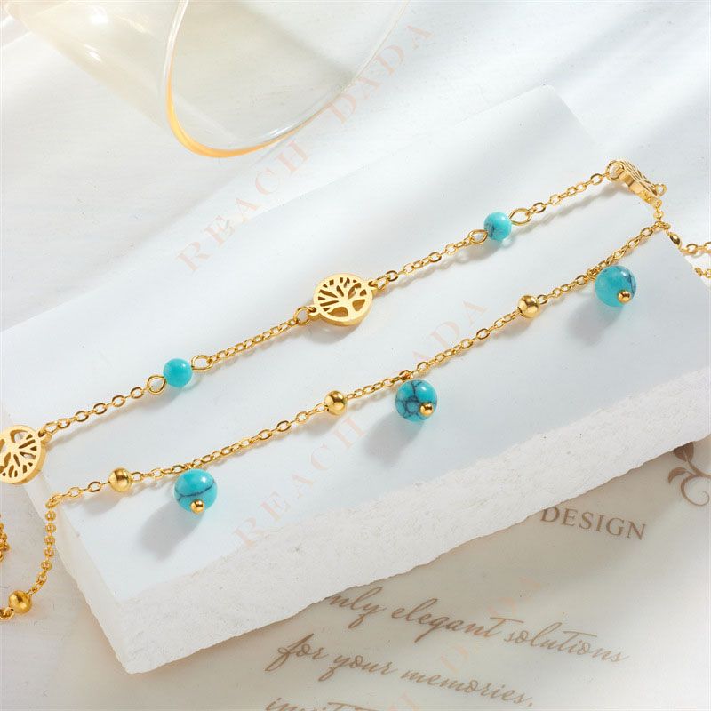 DaDa Fashion niche creative individual minimalist vintage turquoise pendant, tree of life connected double anklet