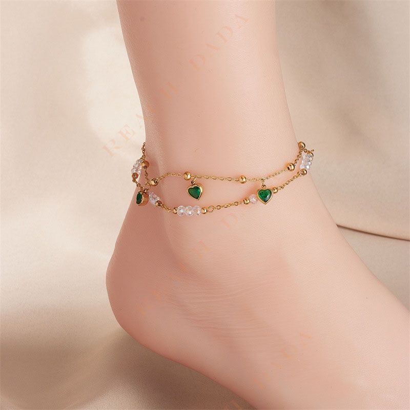 DaDa Fashion creativity personality vintage high-end double-layered beaded green love pendant accessories titanium steel anklet