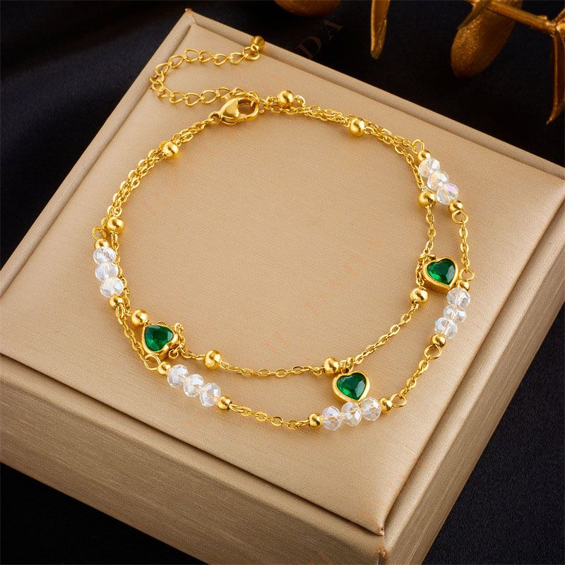 DaDa Fashion creativity personality vintage high-end double-layered beaded green love pendant accessories titanium steel anklet